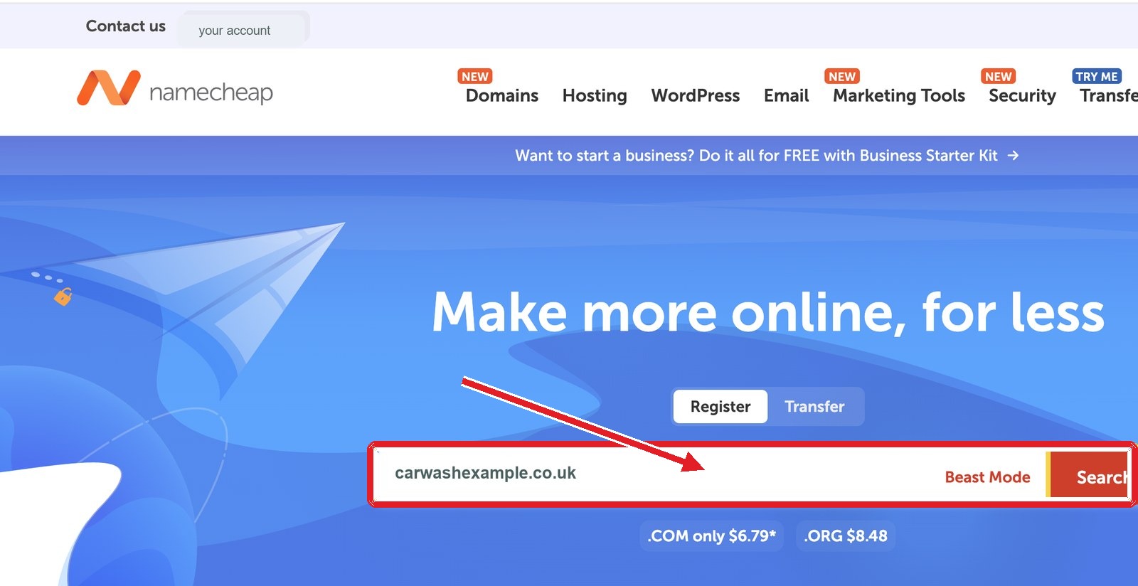 Namecheap domain search page with carwashexample.co.uk typed into the search field