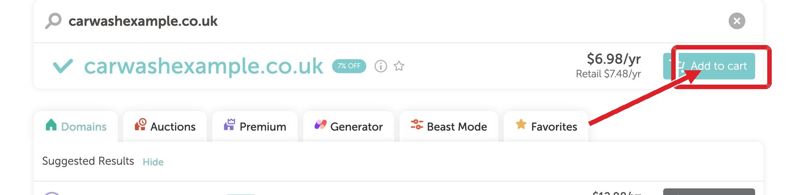 Namecheap search result showing carwashexample.co.uk as available with Add to cart highlighted