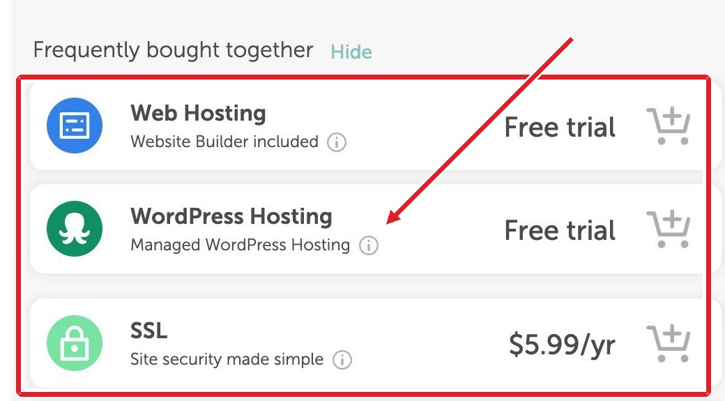 Namecheap screen showing optional add-ons after a domain has been added