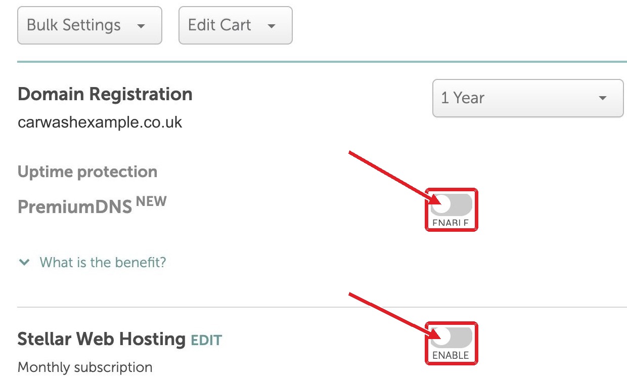 Namecheap cart review showing carwashexample.co.uk registration and optional products disabled
