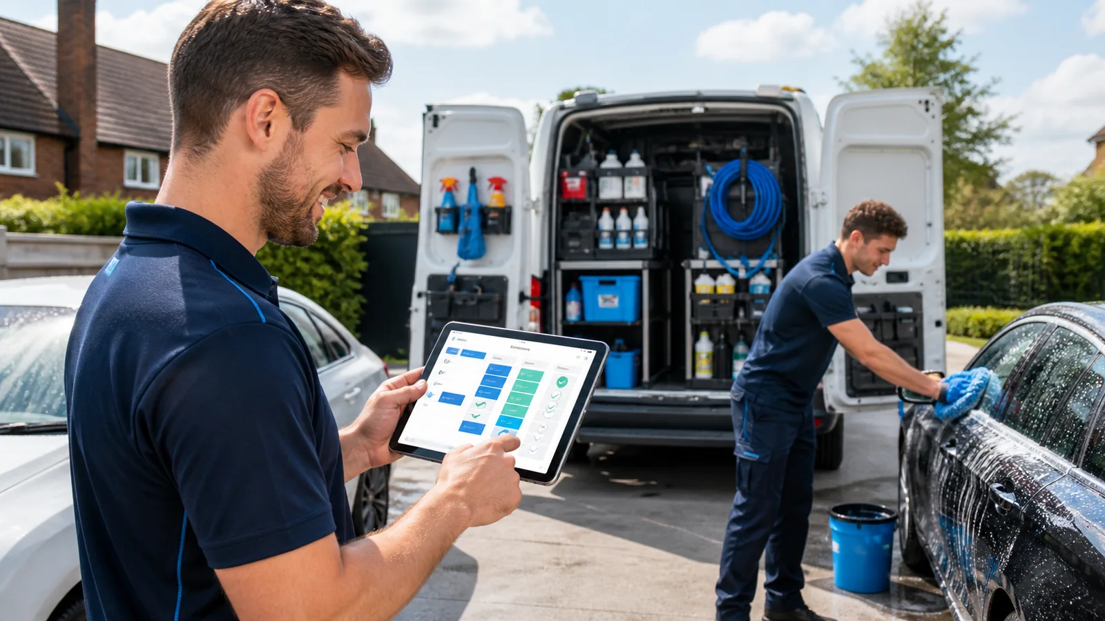 A mobile car wash team managing the schedule on a tablet while cleaning a customer car beside an equipped van